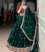 designer bottle green silk satin embroidered lehenga set