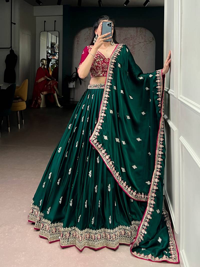 designer bottle green silk satin embroidered lehenga set