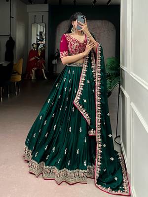 bottle green silk satin embroidered lehenga set 2
