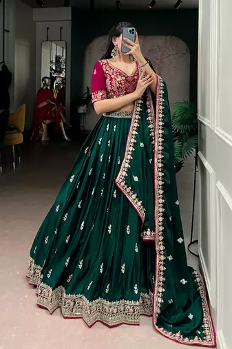 designer bottle green silk satin embroidered lehenga set