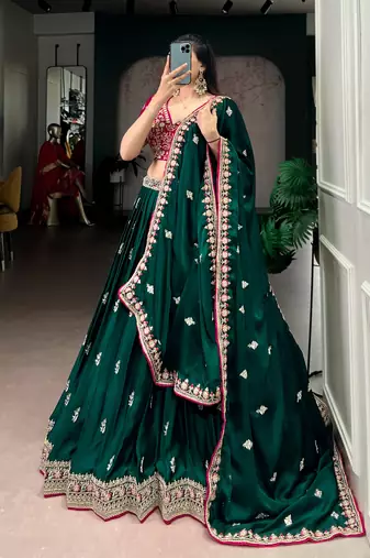 designer bottle green silk satin embroidered lehenga set