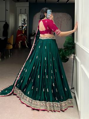 bottle green silk satin embroidered lehenga set 4