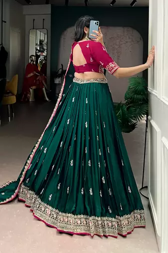 designer bottle green silk satin embroidered lehenga set