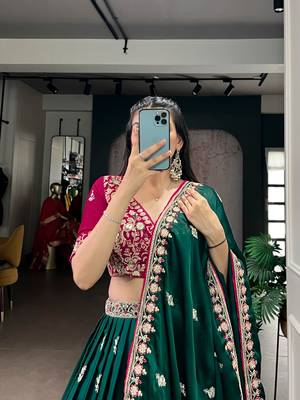 bottle green silk satin embroidered lehenga set 5