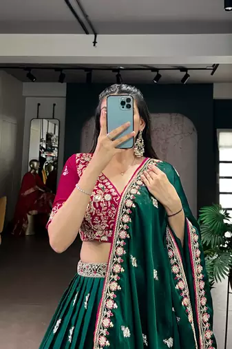 designer bottle green silk satin embroidered lehenga set