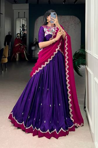 purple naysha silk lehenga set with vichitra silk dupatta