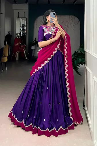 purple naysha silk lehenga set with vichitra silk dupatta