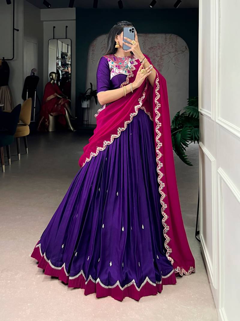 purple naysha silk lehenga set with vichitra silk dupatta