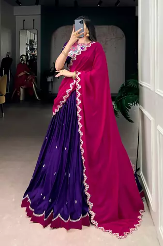 purple naysha silk lehenga set with vichitra silk dupatta
