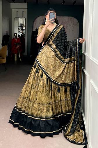 gold tussar silk kalamkari printed lehenga set with dupatta