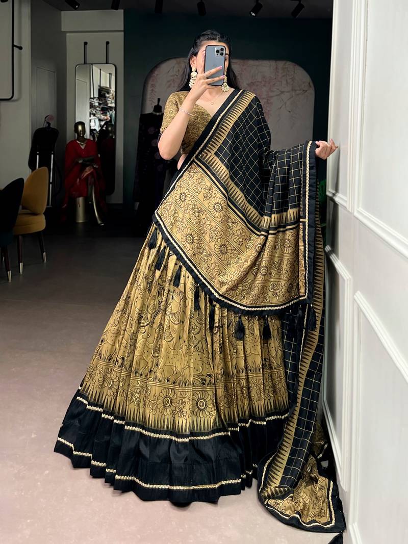 gold tussar silk kalamkari printed lehenga set with dupatta