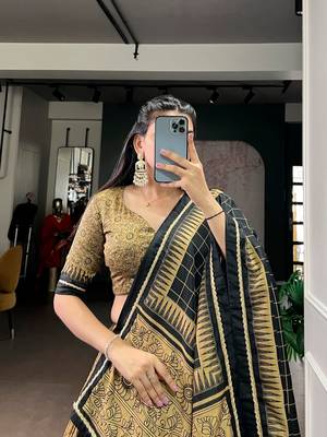 gold tussar silk kalamkari printed lehenga set with dupatta 4