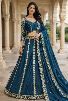 designer teal blue malai silk lehenga set with sequins zari work  1