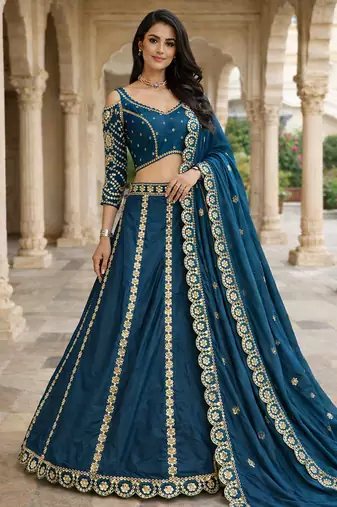designer teal blue malai silk lehenga set with sequins zari work 