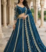 designer teal blue malai silk lehenga set with sequins zari work 