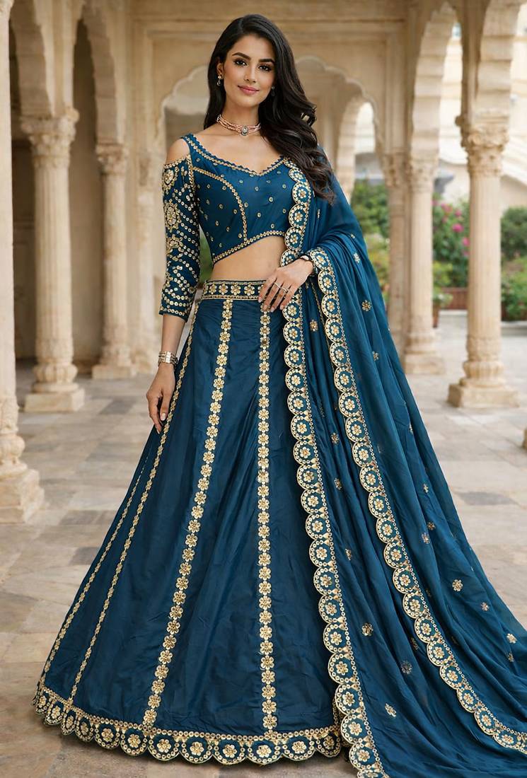 designer teal blue malai silk lehenga set with sequins zari work 