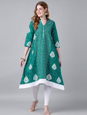 Teal cotton printed anarkali kurta 1