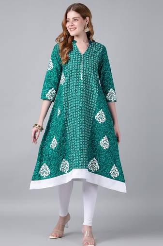 Teal cotton printed anarkali kurta