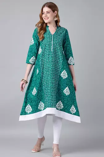 Teal cotton printed anarkali kurta