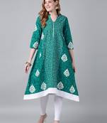 Teal cotton printed anarkali kurta