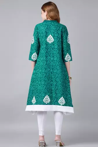 Teal cotton printed anarkali kurta