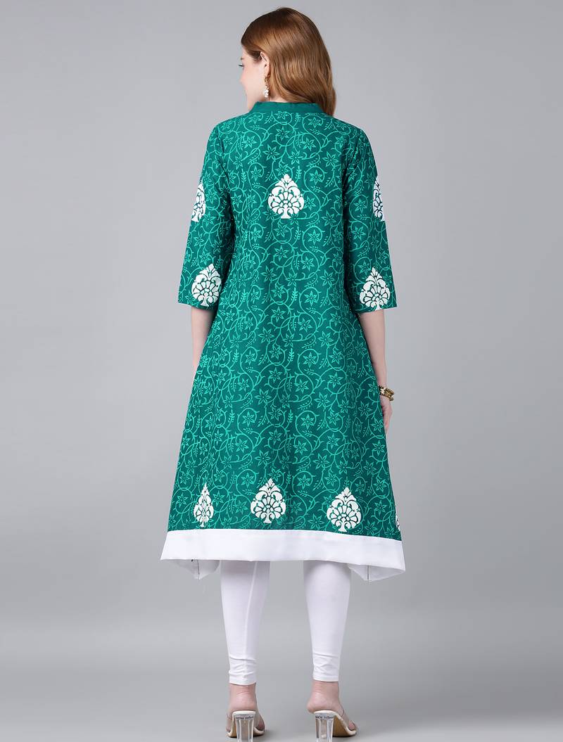 Teal cotton printed anarkali kurta