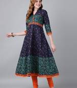 Navy  cotton printed anarkali kurta