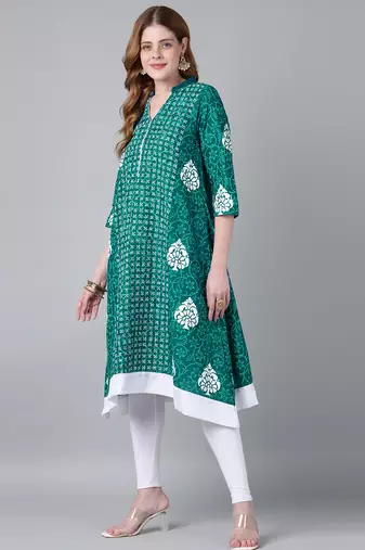 Teal cotton printed anarkali kurta