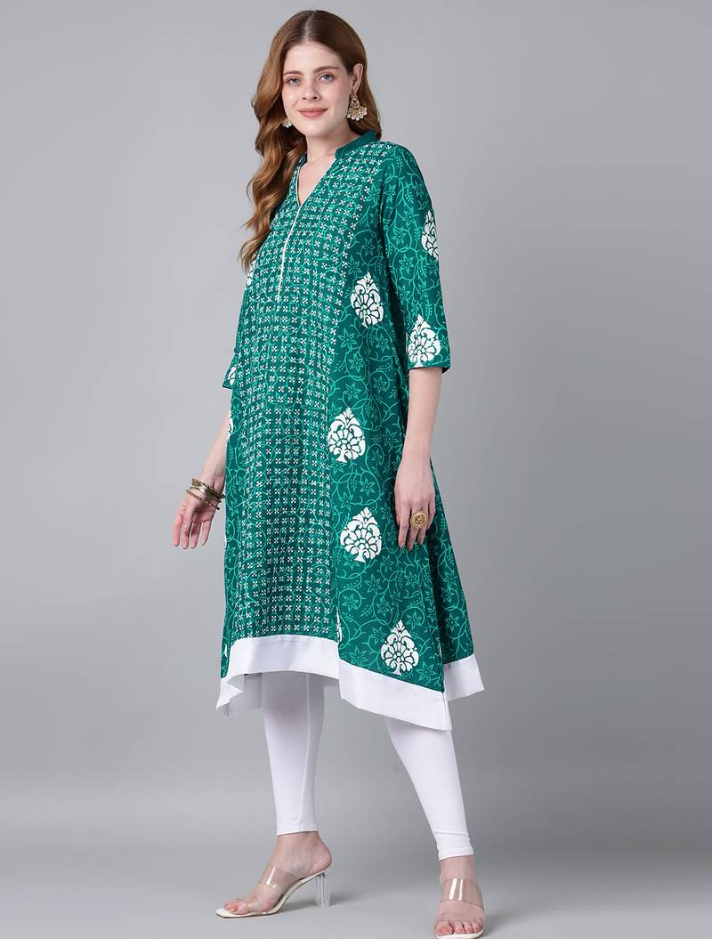 Teal cotton printed anarkali kurta
