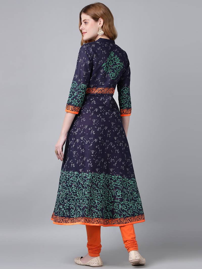 Navy  cotton printed anarkali kurta