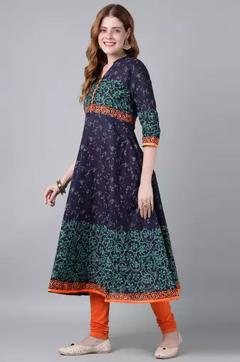 Navy  cotton printed anarkali kurta