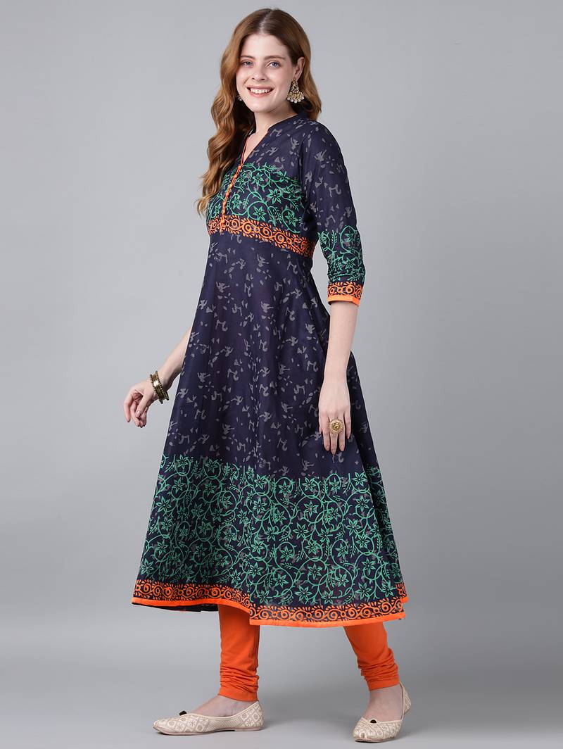 Navy  cotton printed anarkali kurta