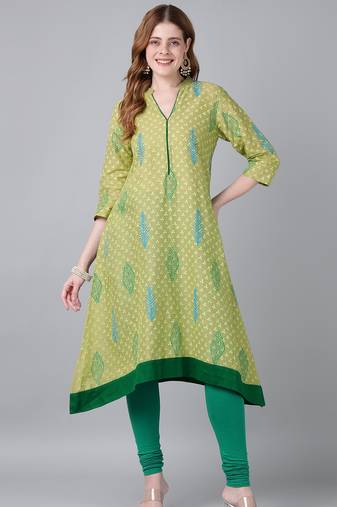 olive cotton printed anarkali kurta