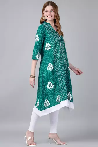 Teal cotton printed anarkali kurta