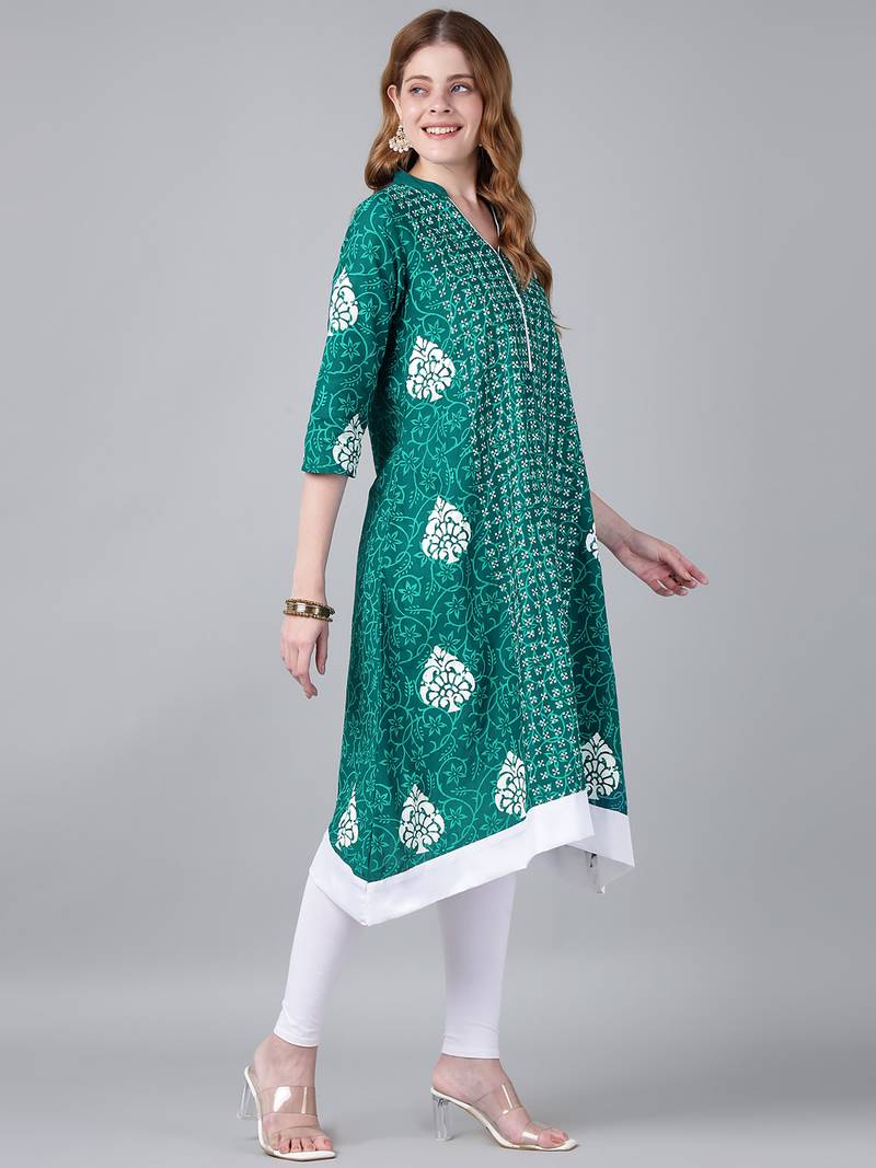 Teal cotton printed anarkali kurta