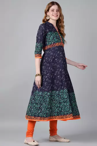 Navy  cotton printed anarkali kurta