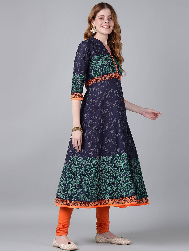 Navy  cotton printed anarkali kurta