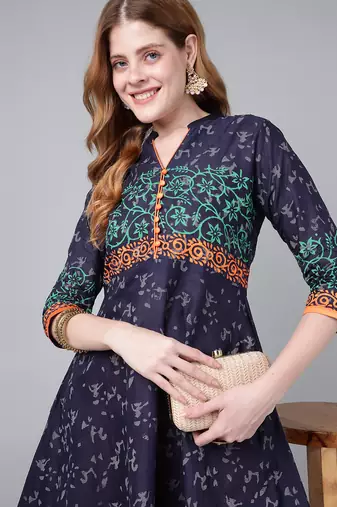 Navy  cotton printed anarkali kurta