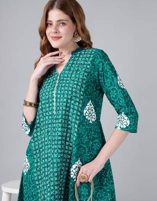 Teal cotton printed anarkali kurta 5