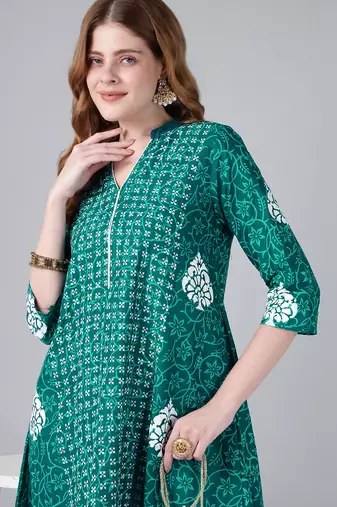 Teal cotton printed anarkali kurta