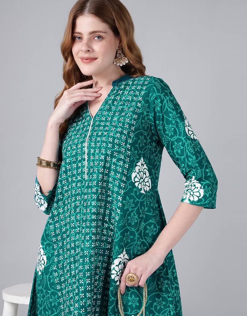 Teal cotton printed anarkali kurta