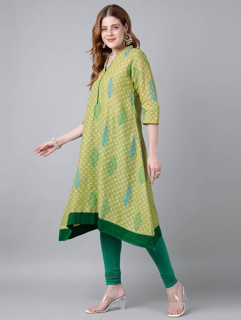 olive cotton printed anarkali kurta