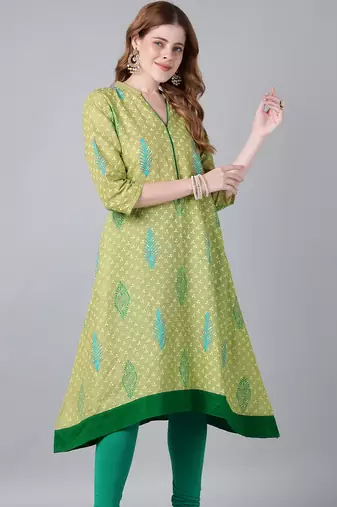 olive cotton printed anarkali kurta