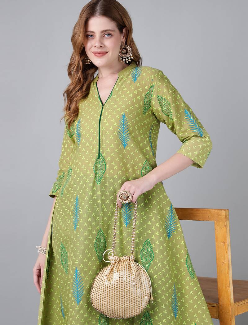 olive cotton printed anarkali kurta