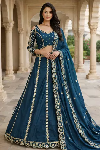designer teal blue malai silk lehenga set with sequins zari work 