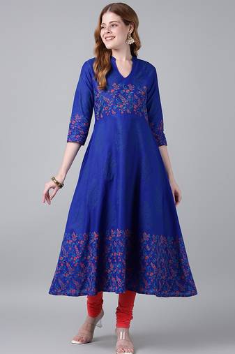 Royal blue  cotton printed anarkali kurta