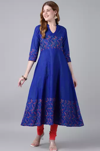 Royal blue  cotton printed anarkali kurta