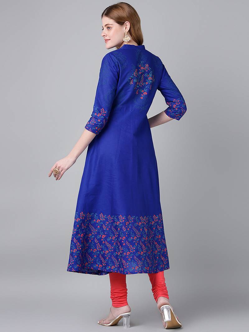 Royal blue  cotton printed anarkali kurta
