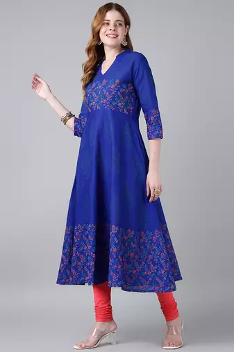 Royal blue  cotton printed anarkali kurta