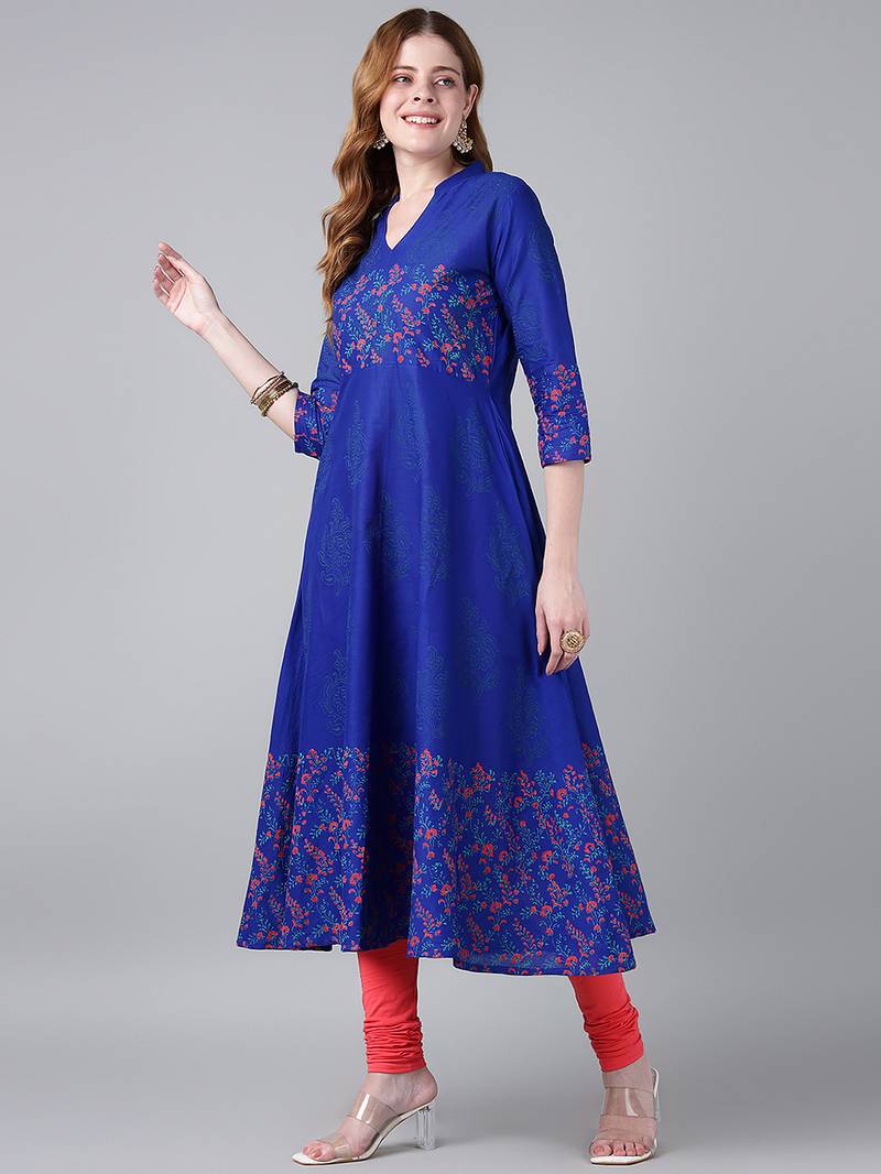 Royal blue  cotton printed anarkali kurta